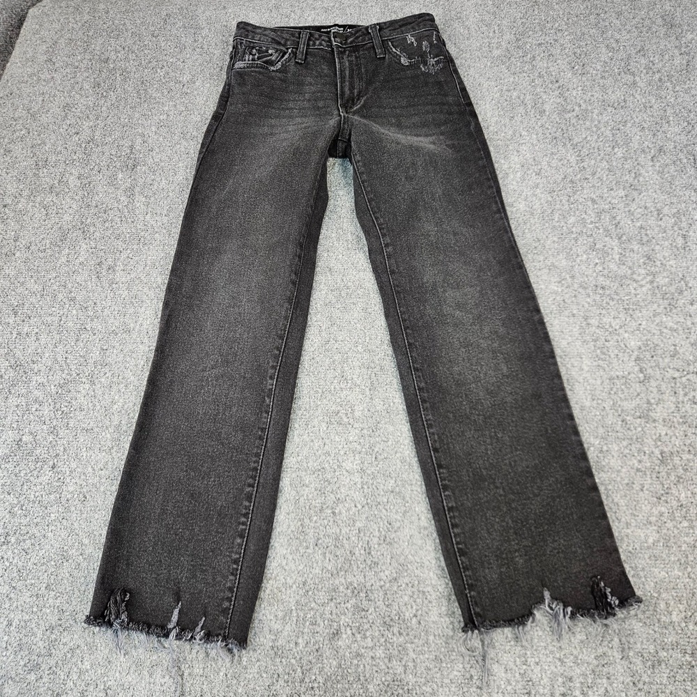 Just Black Denim Womens Straight Leg Jeans Washed Black Distressed Hem 24 BP304J